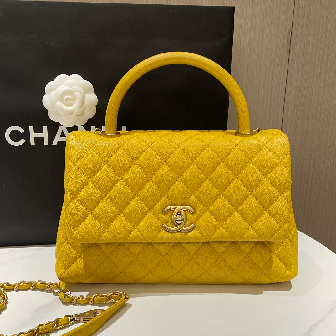 Chanel Medium Yellow Caviar Coco Handle with Brushed Gold Hardware