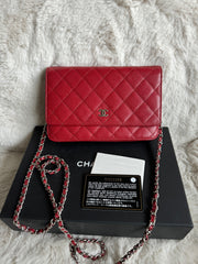 CHANEL Red Quilted Caviar Wallet on chain w/ SHW